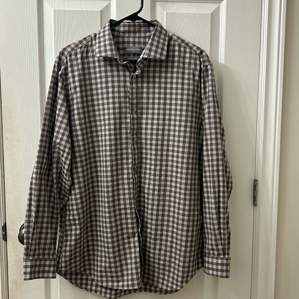 Michael Kors Men’s Slim Fit Stretch Gingham Dress Shirt Brown White 16.5 32/33